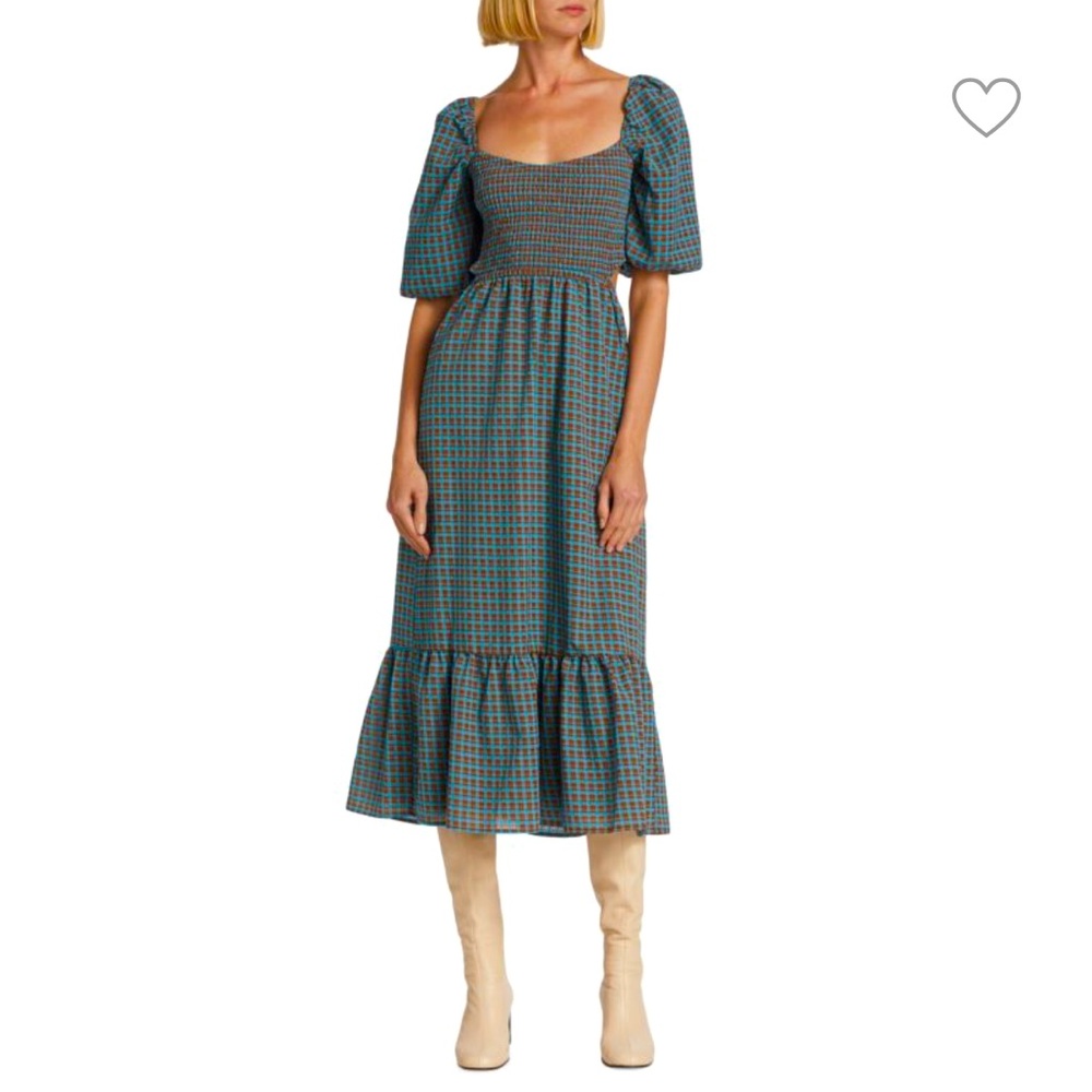 WAYF smocked puff sleeve gingham midi dress